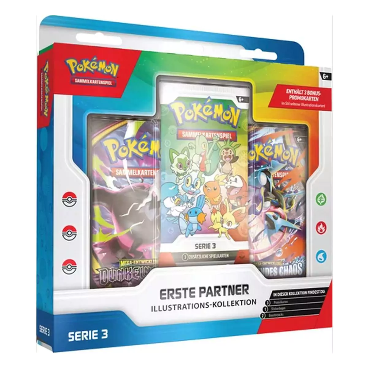 Pokémon Erste Partner Series 3 (Illustrator Kollektion) Vorderseite: Zu sehen sind die Starter, die zum Beispiel aus Rubin/Saphir bekannt sind.