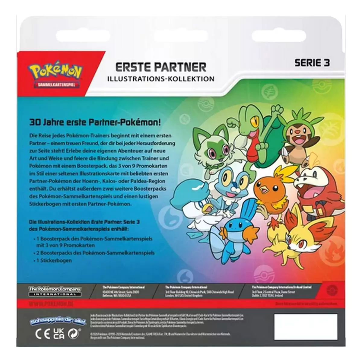 Die Rückseite von Erste Partner Series 3 (Illustrator Kollektion). Zu sehen sind die Starter aus der 3. Generation von Pokémon.