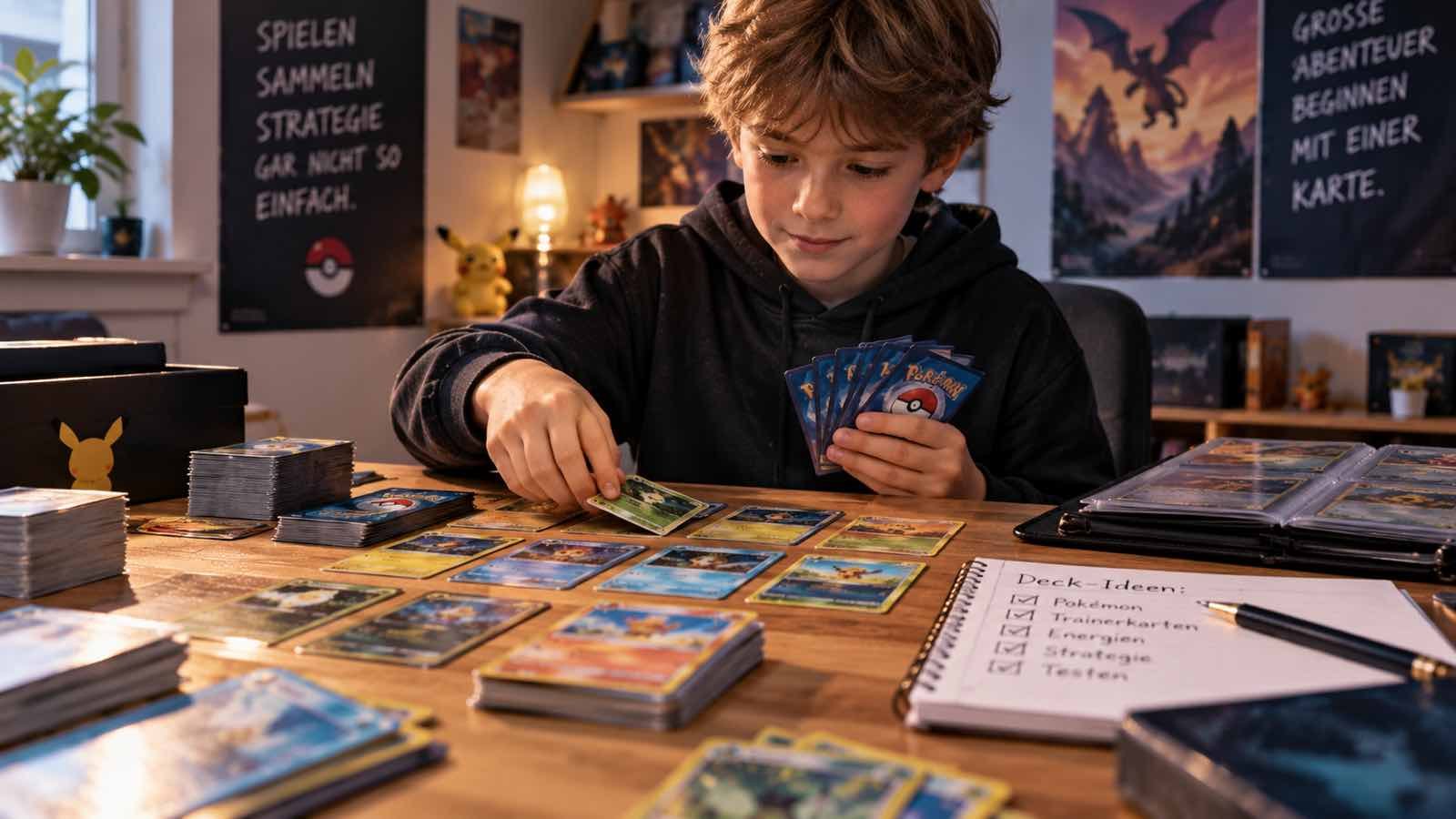 Pokemon Karten Deck bauen: Ein junger Spieler baut sich sein Deck, um der Allerbeste zu werden.