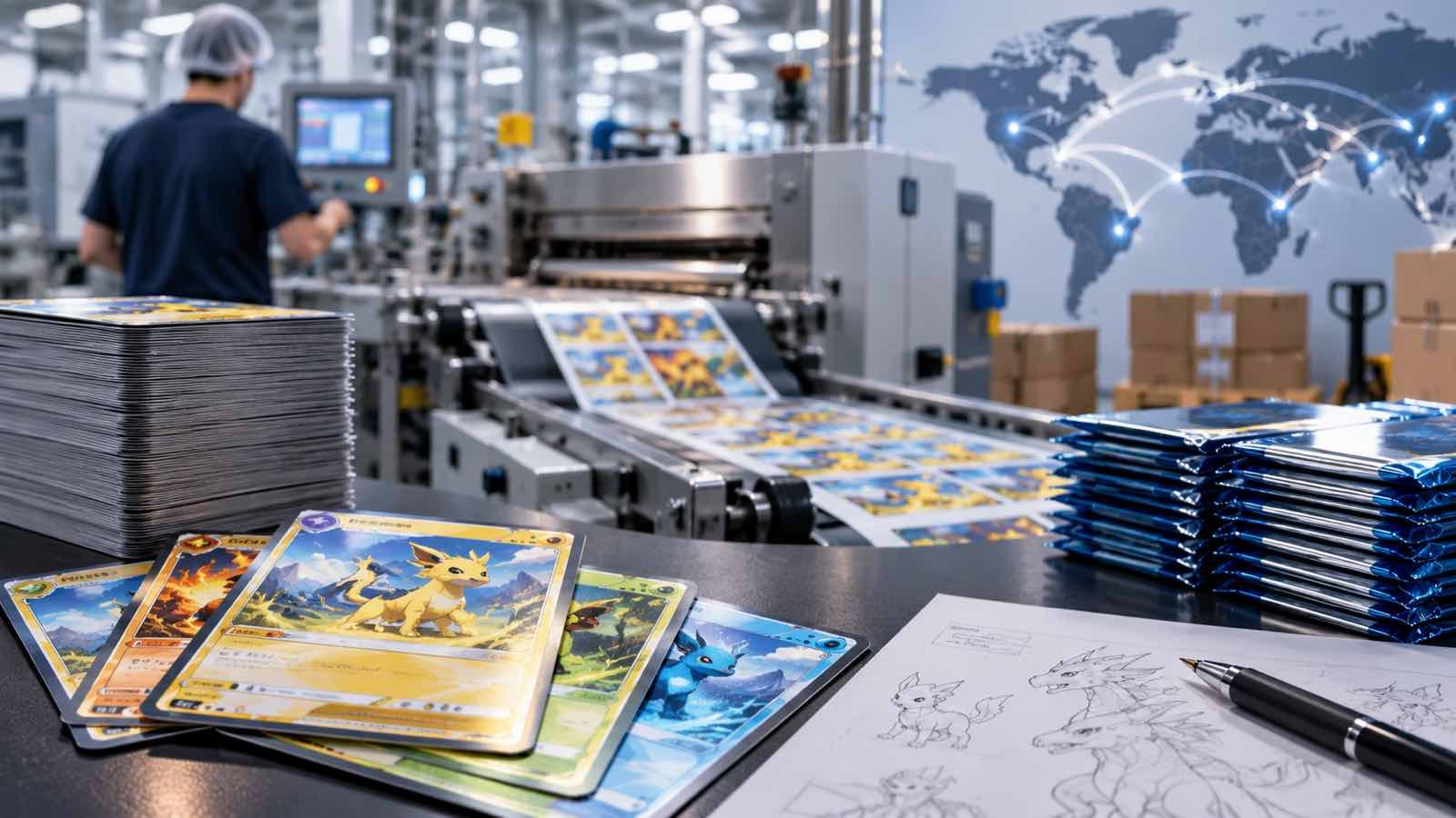Pokemon Karten: Herstellung in einer Fabrik.
